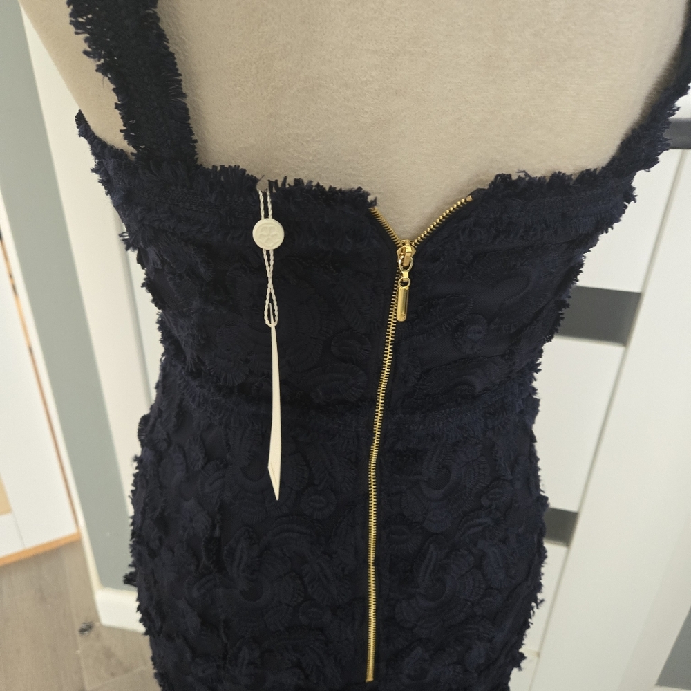 Trina Turk Navy Lace Dress with Gold Zipper